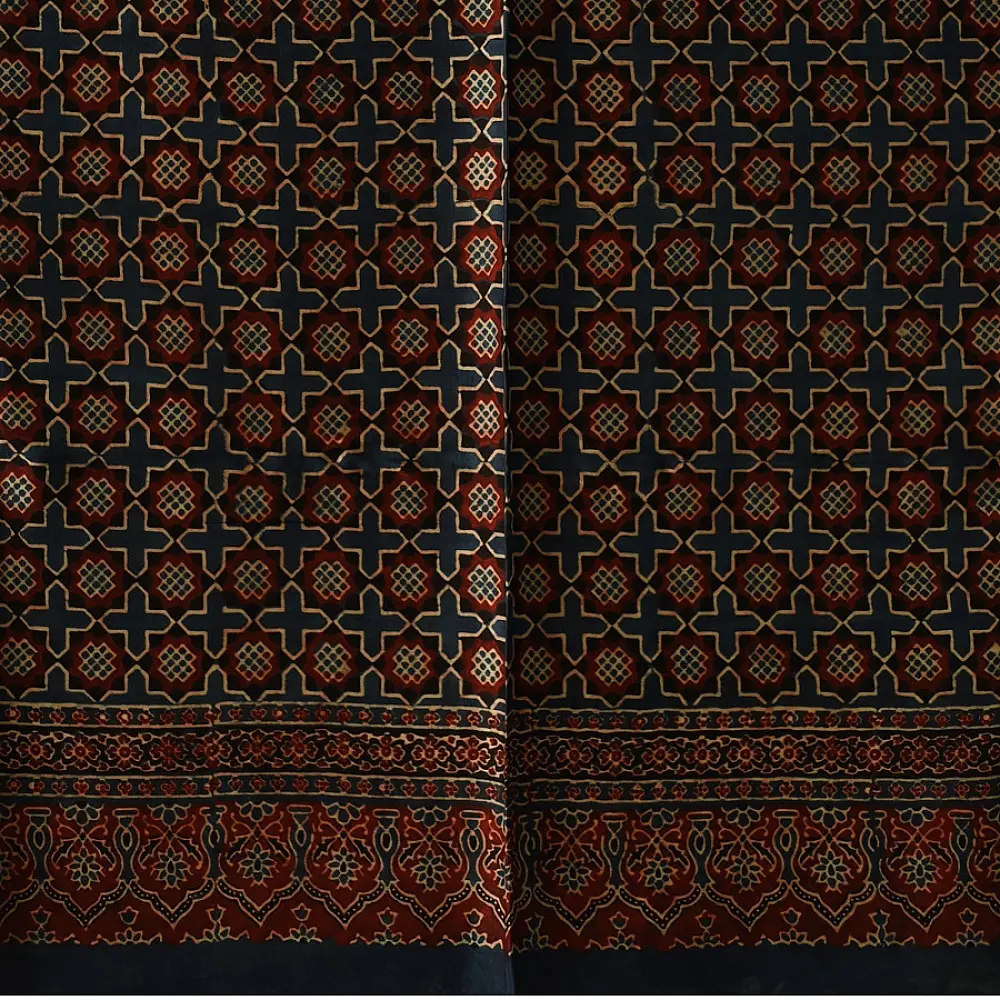 indigo ajrakh silk square scarf jali lattice pattern red filled motifs hand block printed natural dyed scarf