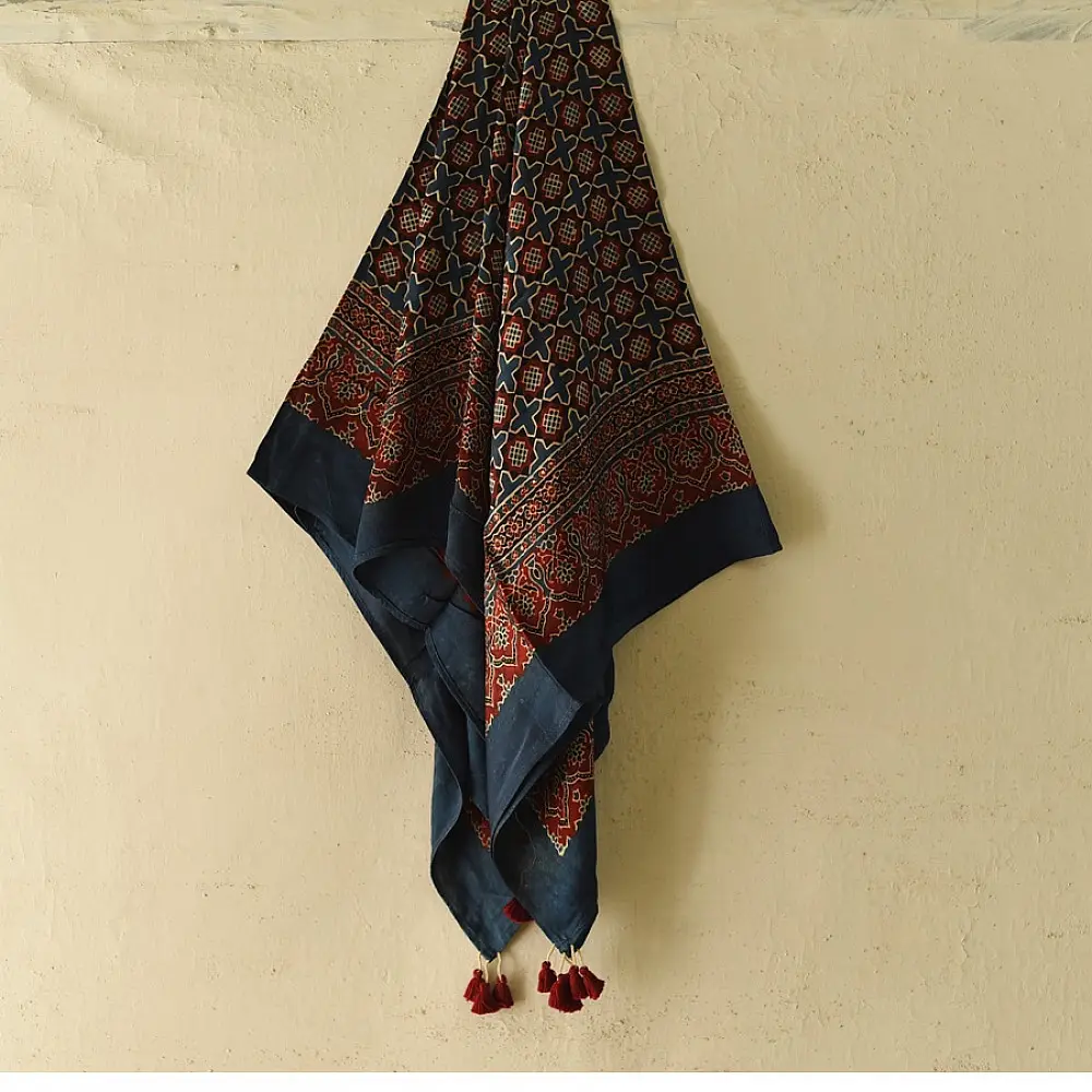 indigo ajrakh silk square scarf jali lattice pattern red filled motifs hand block printed natural dyed scarf