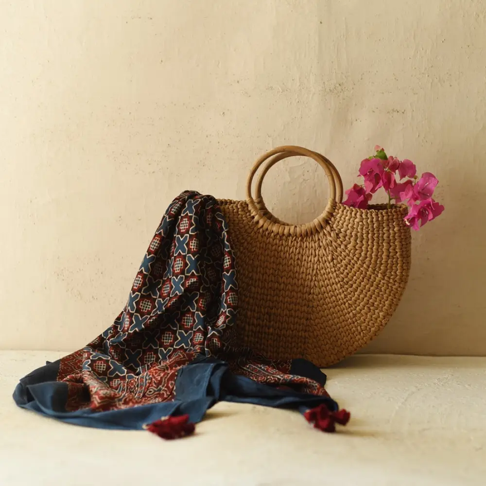 indigo ajrakh silk square scarf jali lattice pattern red filled motifs hand block printed natural dyed scarf