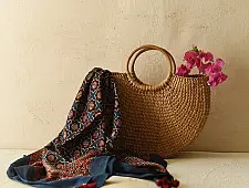 Neelanjana . नीलांजना ~ Ajrakh Jaali Printed Square Modal Silk Scarf 