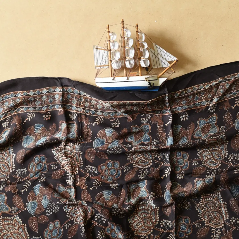 chocolate brown indigo teal ajrakh modal silk dupatta hand block printed floral buta body ornate circular mandala pallu traditional mihrab arched detail wedding festive wear sustainable luxury natural dyed with tassels
