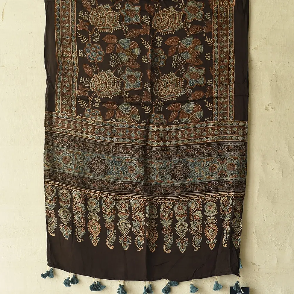 chocolate brown indigo teal ajrakh modal silk dupatta hand block printed floral buta body ornate circular mandala pallu traditional mihrab arched detail wedding festive wear sustainable luxury natural dyed with tassels