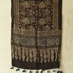 Anagi | Natural Dyed Ajrakh - Modal Silk Black Stole With Flower Motif