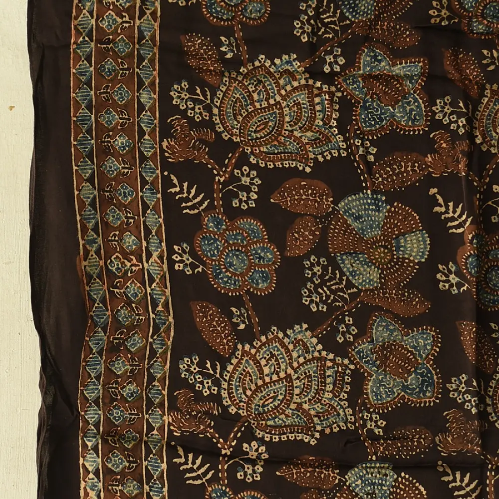 chocolate brown indigo teal ajrakh modal silk dupatta hand block printed floral buta body ornate circular mandala pallu traditional mihrab arched detail wedding festive wear sustainable luxury natural dyed with tassels