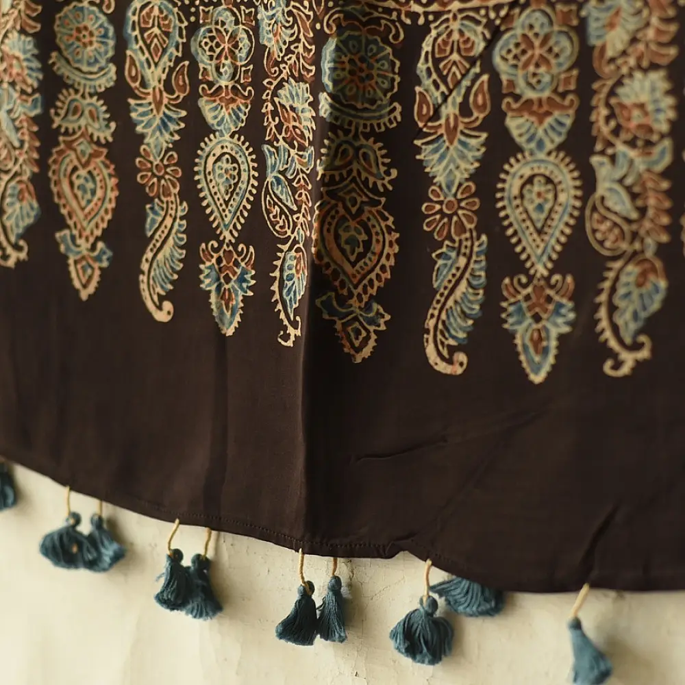 chocolate brown indigo teal ajrakh modal silk dupatta hand block printed floral buta body ornate circular mandala pallu traditional mihrab arched detail wedding festive wear sustainable luxury natural dyed with tassels