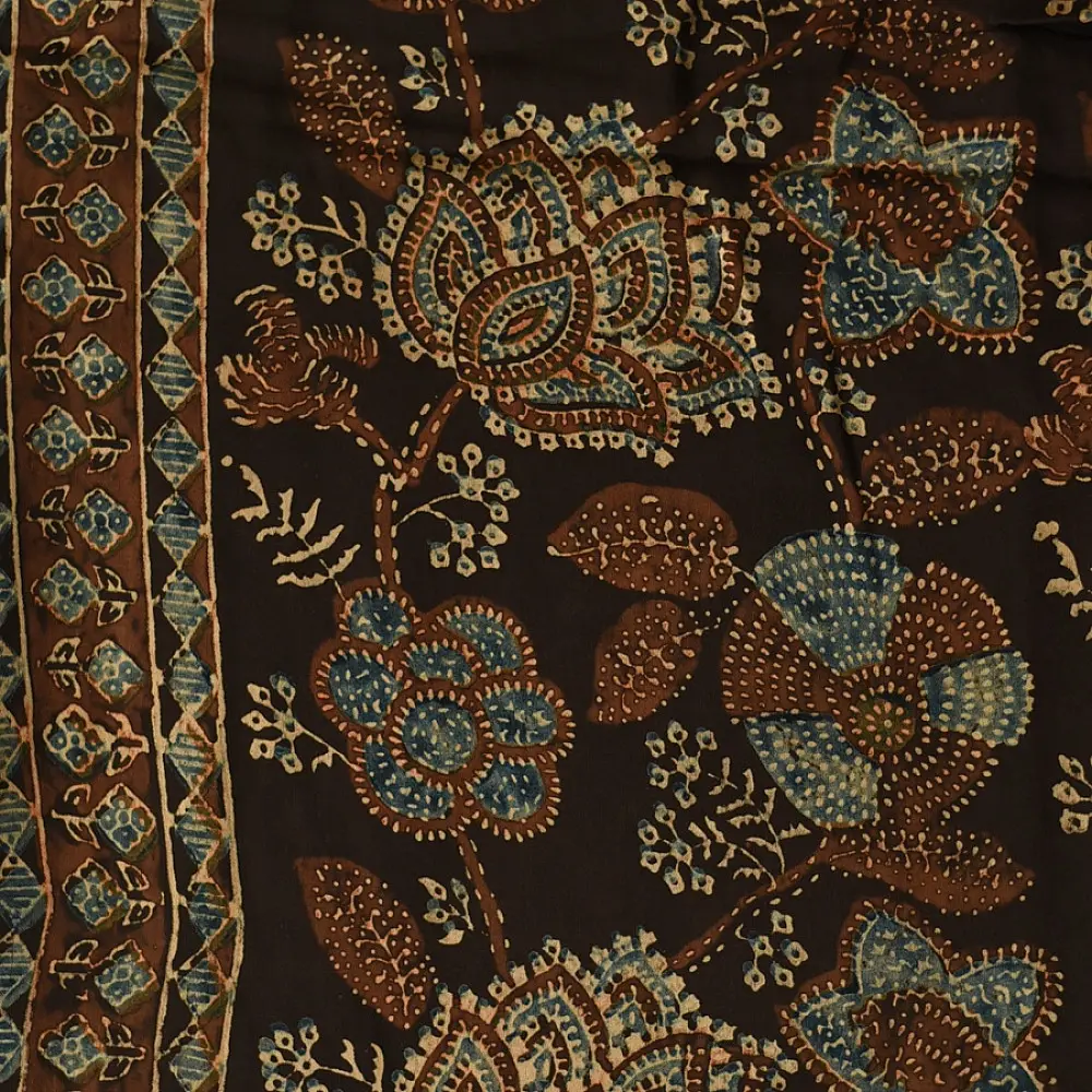 chocolate brown indigo teal ajrakh modal silk dupatta hand block printed floral buta body ornate circular mandala pallu traditional mihrab arched detail wedding festive wear sustainable luxury natural dyed with tassels