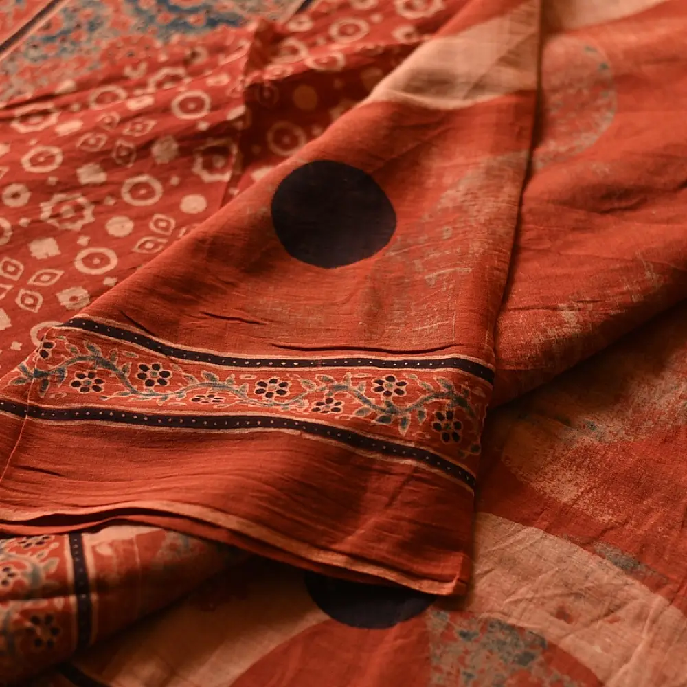 Online Ajrakh Printed Mul Cotton Saree in Red Color