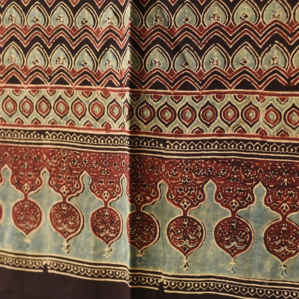 mulberry silk ajrakh dupatta horizontal floral stripe block print minaret teardrop border madder red indigo hand block printed natural dyed silk dupatta