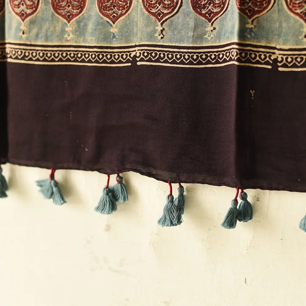 mulberry silk ajrakh dupatta horizontal floral stripe block print minaret teardrop border madder red indigo hand block printed natural dyed silk dupatta