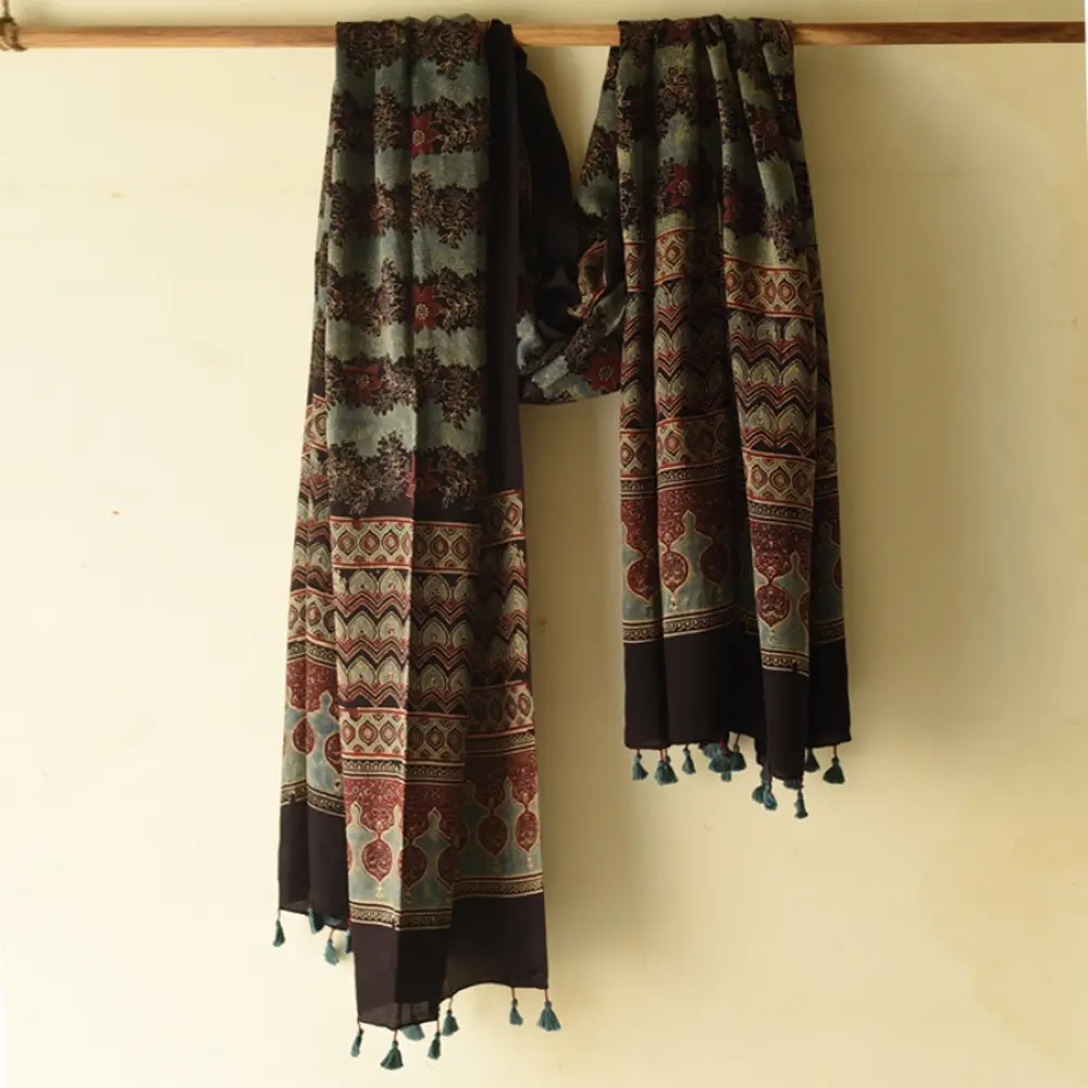 mulberry silk ajrakh dupatta horizontal floral stripe block print minaret teardrop border madder red indigo hand block printed natural dyed silk dupatta