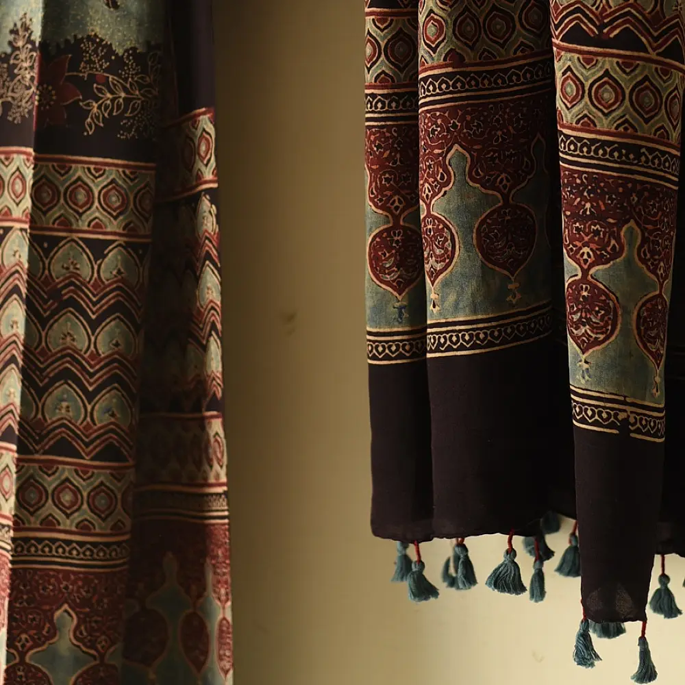 mulberry silk ajrakh dupatta horizontal floral stripe block print minaret teardrop border madder red indigo hand block printed natural dyed silk dupatta