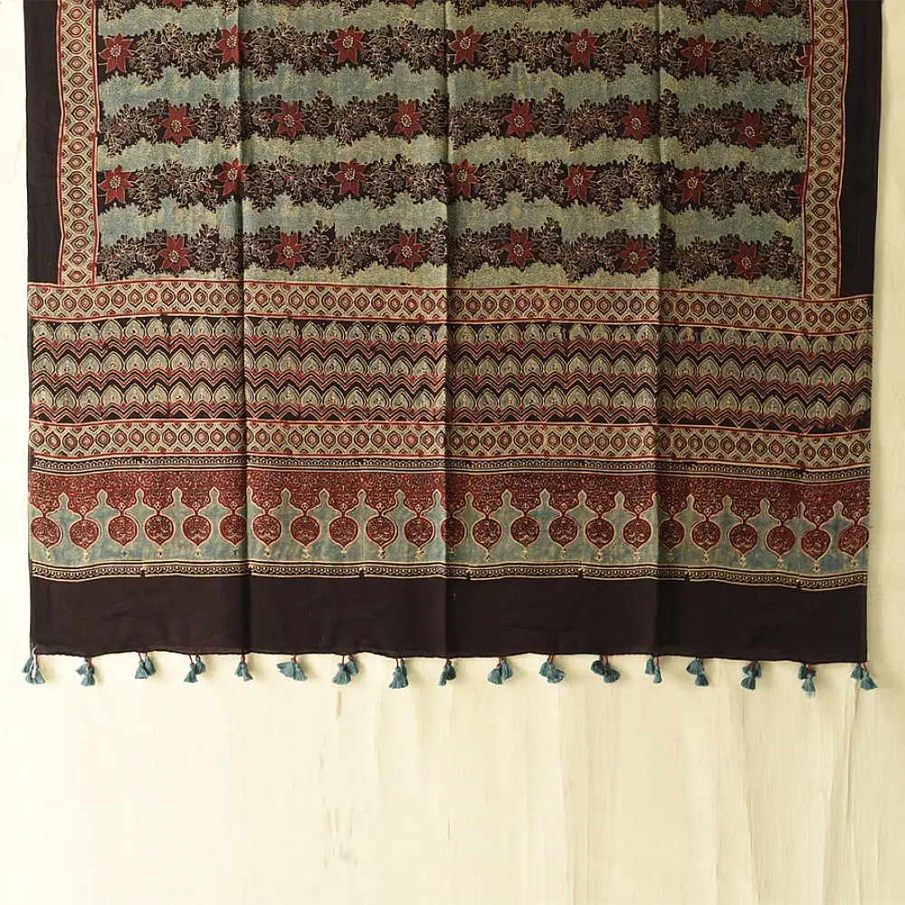 mulberry silk ajrakh dupatta horizontal floral stripe block print minaret teardrop border madder red indigo hand block printed natural dyed silk dupatta