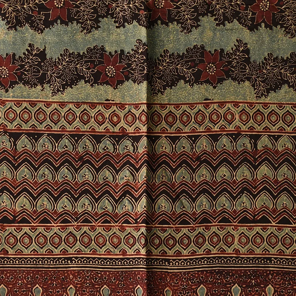 mulberry silk ajrakh dupatta horizontal floral stripe block print minaret teardrop border madder red indigo hand block printed natural dyed silk dupatta