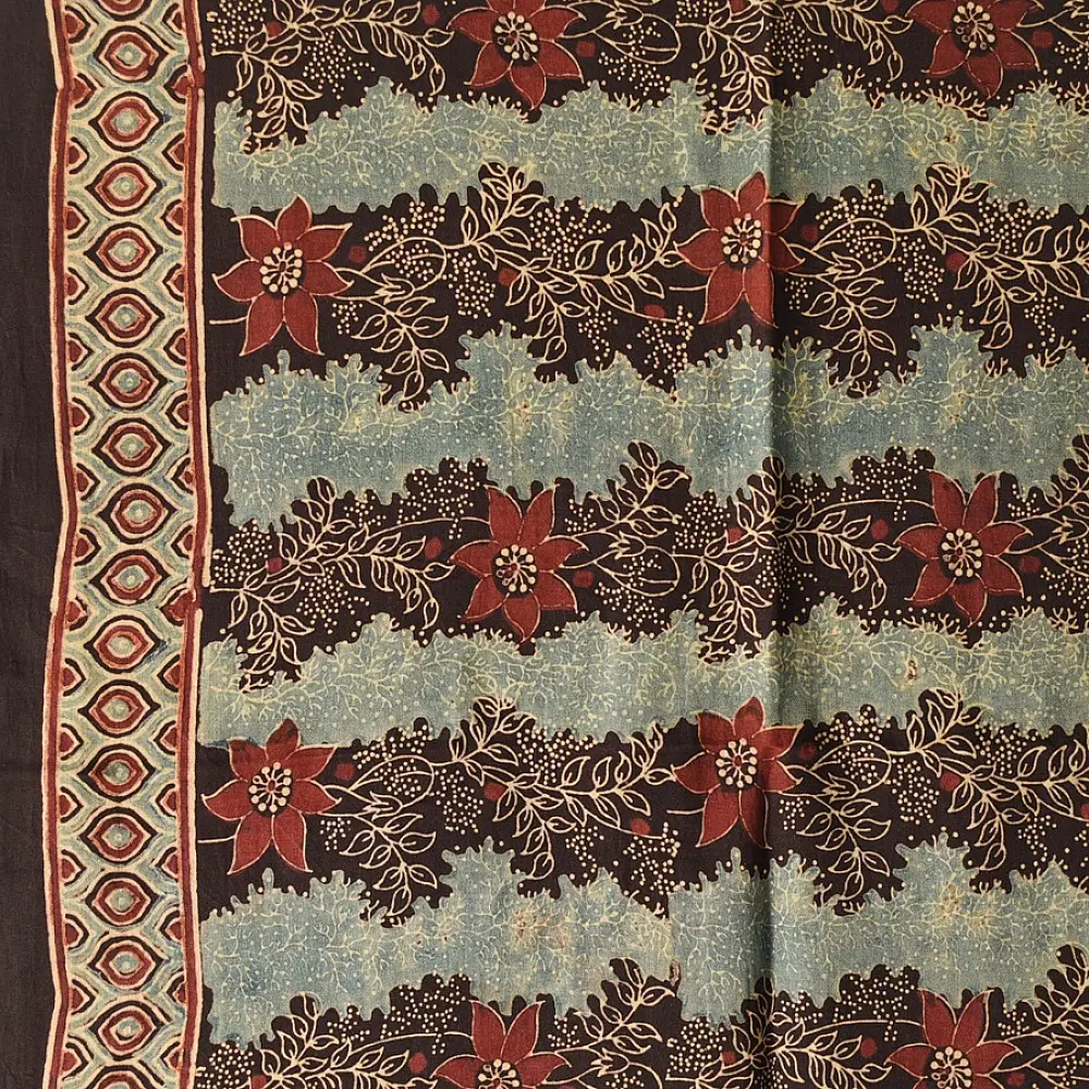 mulberry silk ajrakh dupatta horizontal floral stripe block print minaret teardrop border madder red indigo hand block printed natural dyed silk dupatta
