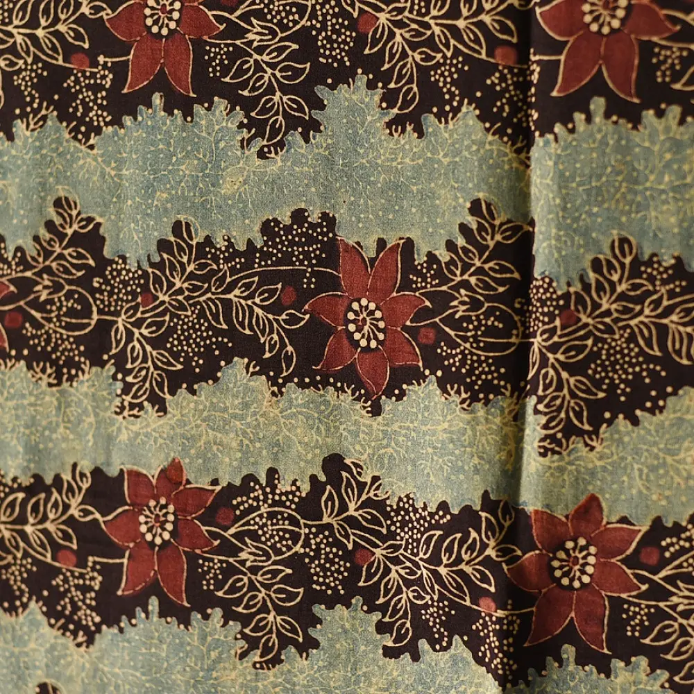 mulberry silk ajrakh dupatta horizontal floral stripe block print minaret teardrop border madder red indigo hand block printed natural dyed silk dupatta