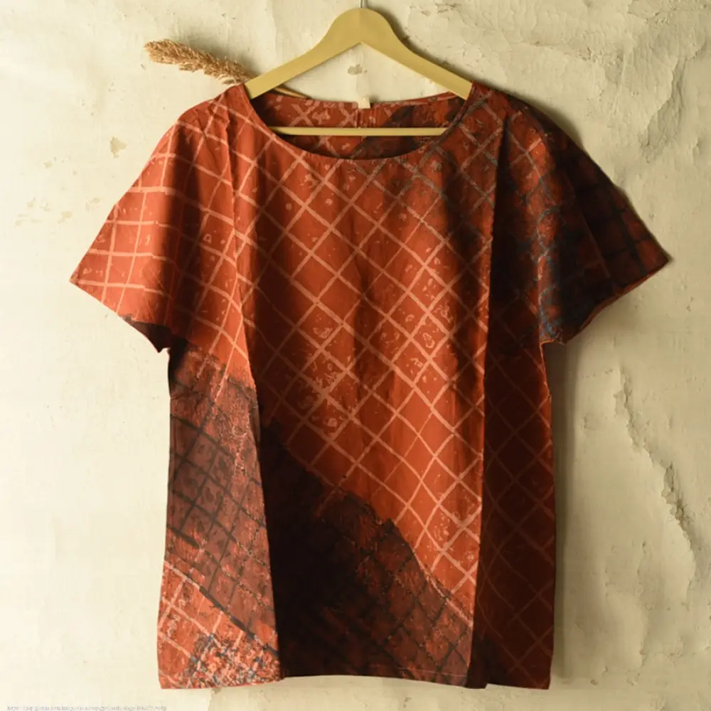 madder red charcoal black ajrakh cotton top diagonal geometric grid block print hand block printed boxy fit artisanal blouse women sustainable fashion natural dyed