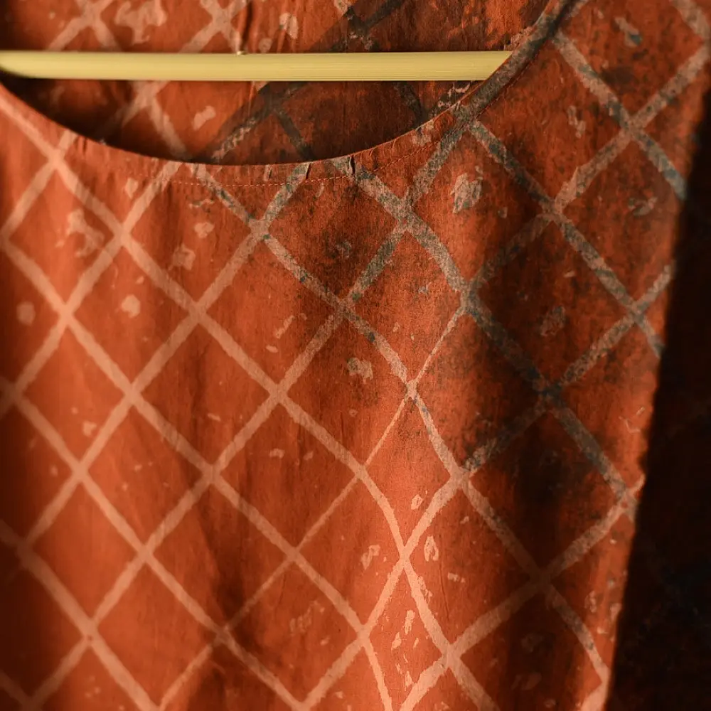 madder red charcoal black ajrakh cotton top diagonal geometric grid block print hand block printed boxy fit artisanal blouse women sustainable fashion natural dyed