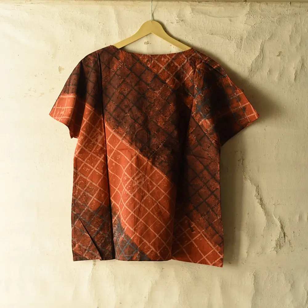 madder red charcoal black ajrakh cotton top diagonal geometric grid block print hand block printed boxy fit artisanal blouse women sustainable fashion natural dyed