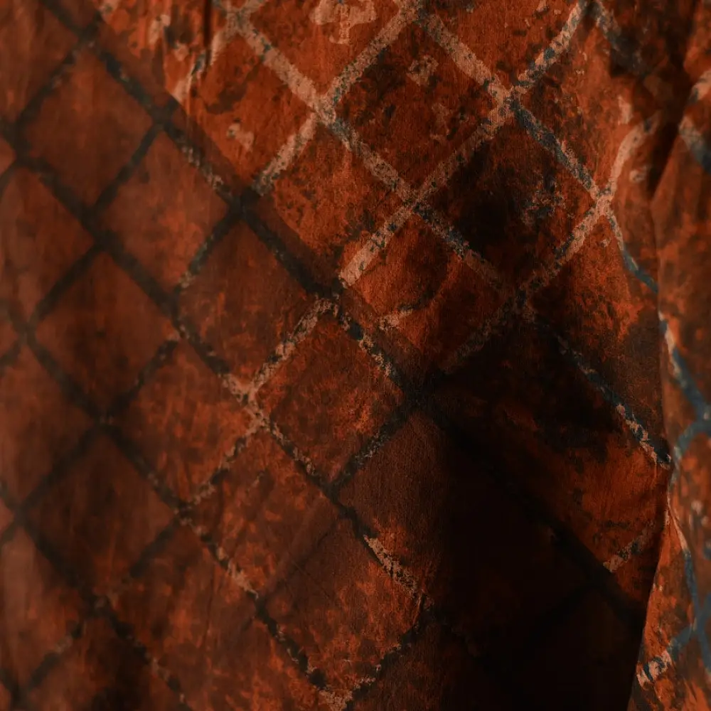 madder red charcoal black ajrakh cotton top diagonal geometric grid block print hand block printed boxy fit artisanal blouse women sustainable fashion natural dyed