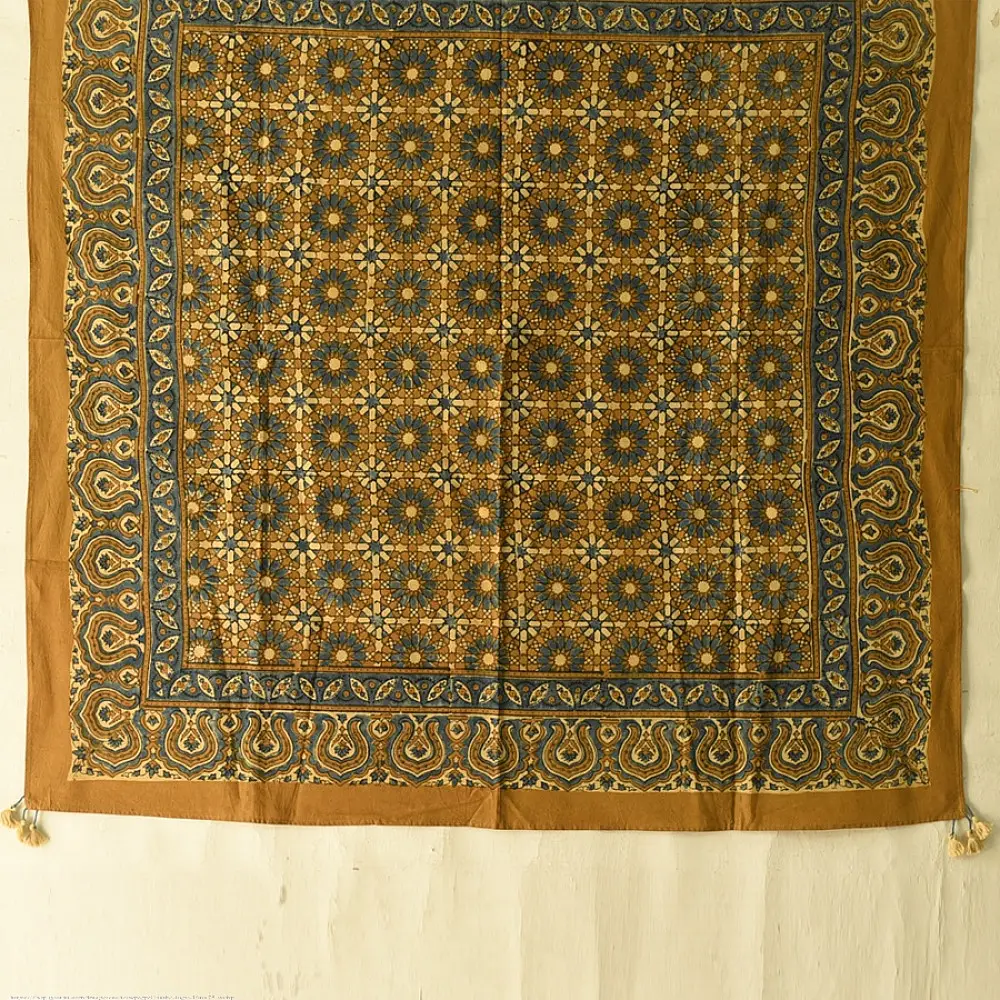 mustard yellow ajrakh cotton square scarf indigo blue black geometric star block print hand block printed natural dyed scarf tassels