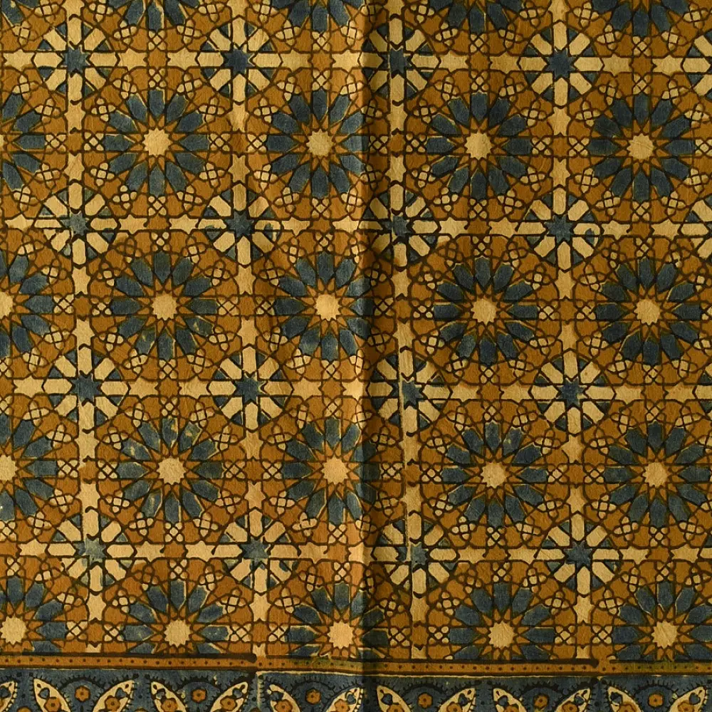mustard yellow ajrakh cotton square scarf indigo blue black geometric star block print hand block printed natural dyed scarf tassels