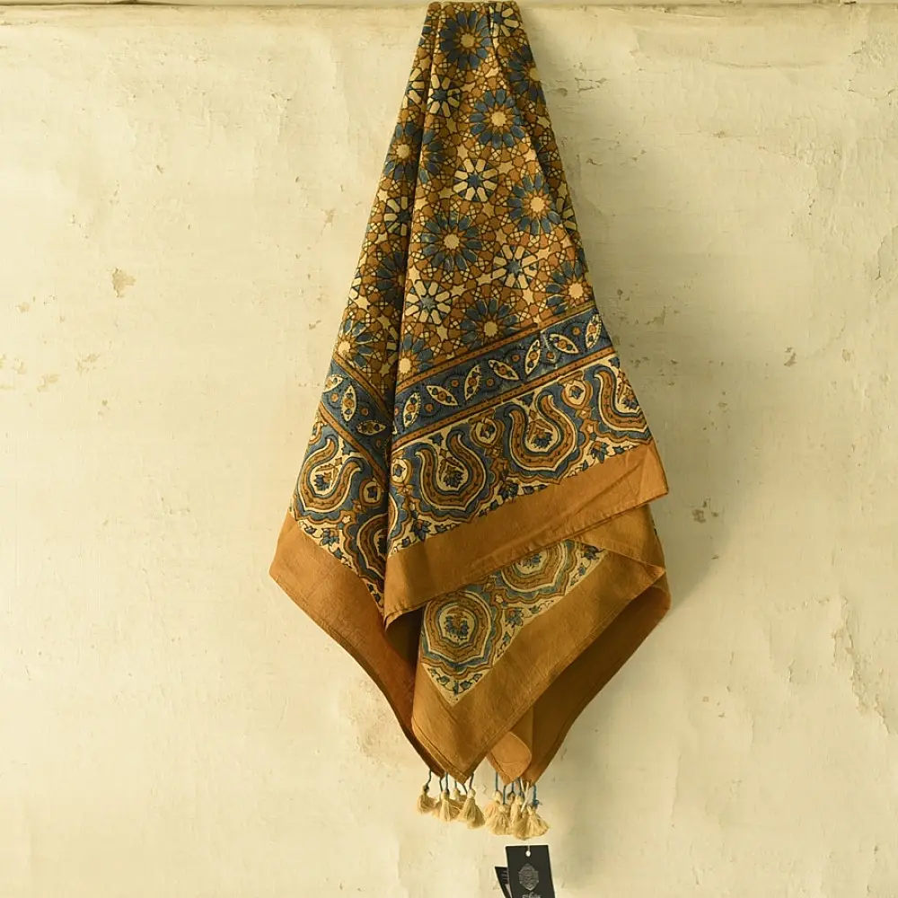 mustard yellow ajrakh cotton square scarf indigo blue black geometric star block print hand block printed natural dyed scarf tassels