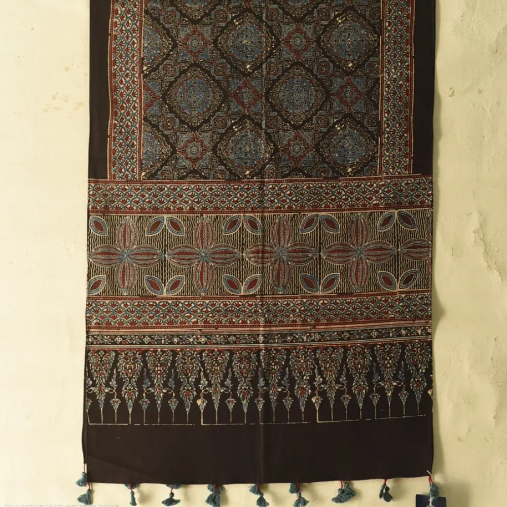 indigo blue madder red ajrakh cotton stole hand block printed floral mandala jaal body ornate petal motif border traditional mihrab arched detail artisanal scarf sustainable fashion natural dyed with tassels