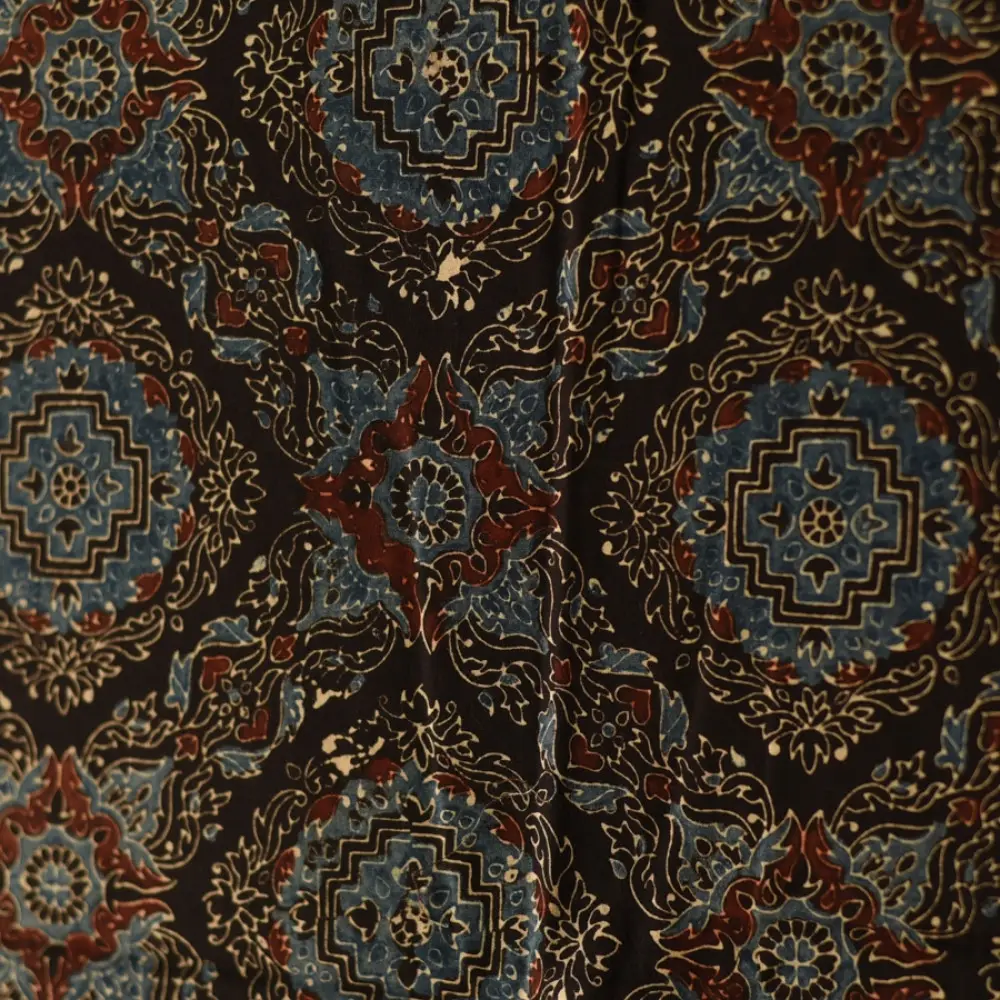 indigo blue madder red ajrakh cotton stole hand block printed floral mandala jaal body ornate petal motif border traditional mihrab arched detail artisanal scarf sustainable fashion natural dyed with tassels