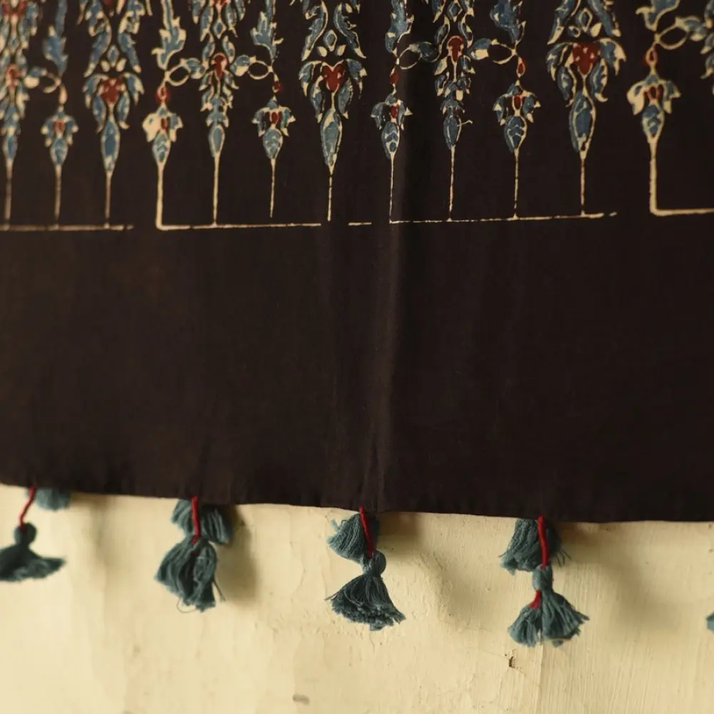 indigo blue madder red ajrakh cotton stole hand block printed floral mandala jaal body ornate petal motif border traditional mihrab arched detail artisanal scarf sustainable fashion natural dyed with tassels