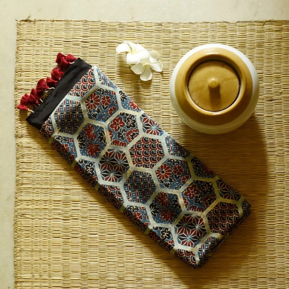 deep indigo blue madder red ajrakh saree hand block printed hexagonal honeycomb beehive jaal ornate floral pallu traditional ethnic wear sustainable fashion natural dyed with tassels