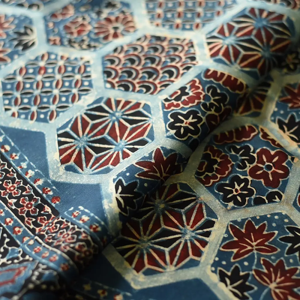 deep indigo blue madder red ajrakh saree hand block printed hexagonal honeycomb beehive jaal ornate floral pallu traditional ethnic wear sustainable fashion natural dyed with tassels