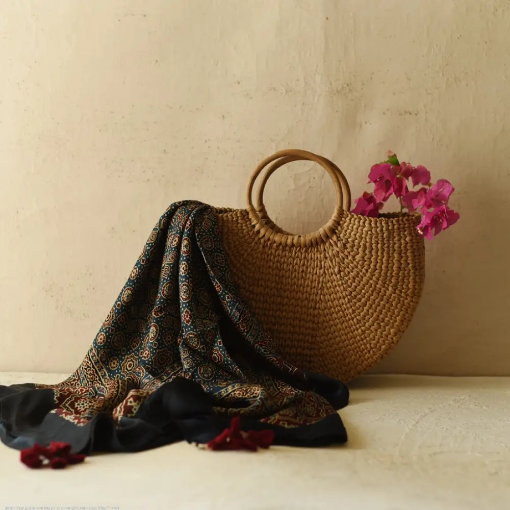 indigo red ajrakh silk square scarf intricate geometric pattern black border hand block printed natural dyed scarf