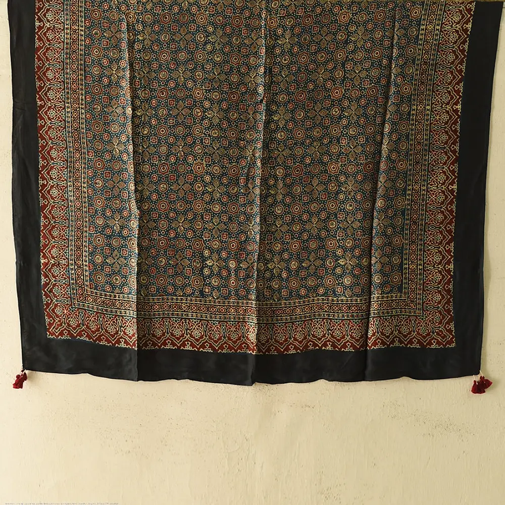 indigo red ajrakh silk square scarf intricate geometric pattern black border hand block printed natural dyed scarf