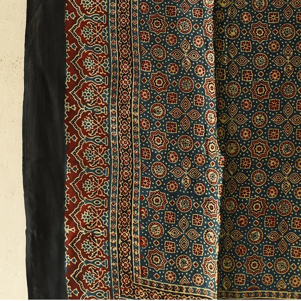 indigo red ajrakh silk square scarf intricate geometric pattern black border hand block printed natural dyed scarf