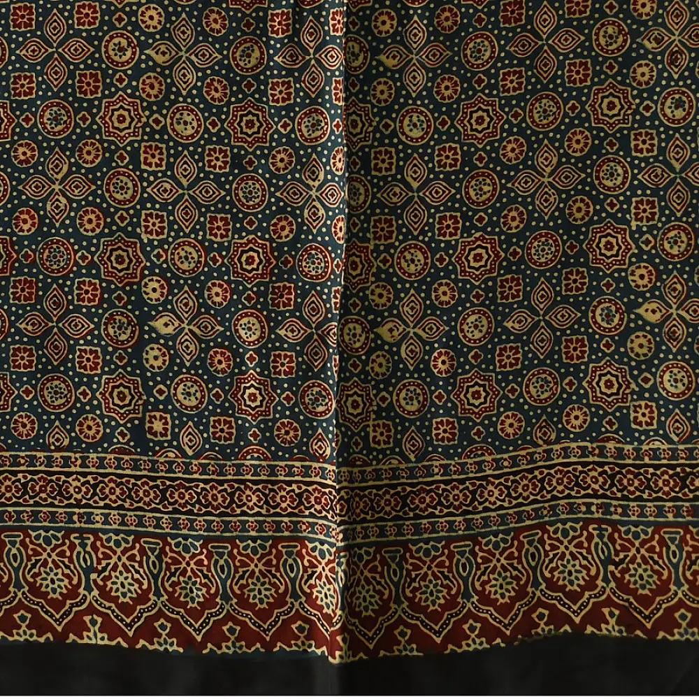 indigo red ajrakh silk square scarf intricate geometric pattern black border hand block printed natural dyed scarf