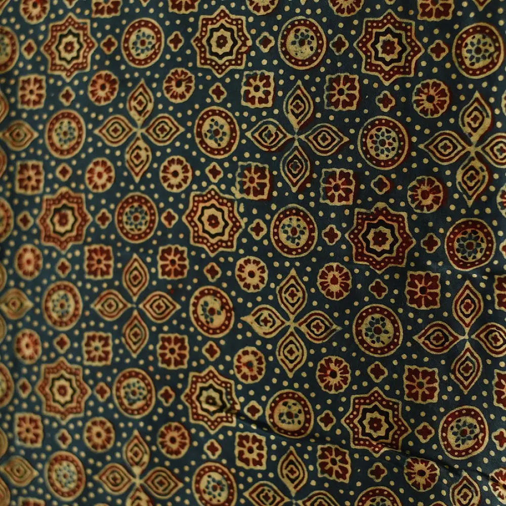 indigo red ajrakh silk square scarf intricate geometric pattern black border hand block printed natural dyed scarf
