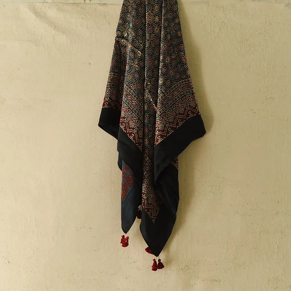 indigo red ajrakh silk square scarf intricate geometric pattern black border hand block printed natural dyed scarf