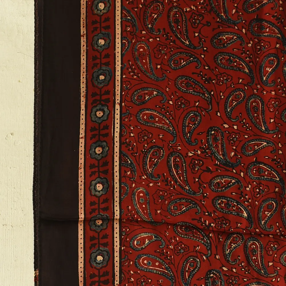 madder red indigo blue ajrakh modal silk dupatta hand block printed paisley kalka jaal body ornate circular bundi medallion pallu traditional mihrab arched detail wedding festive wear sustainable luxury natural dyed with tassels
