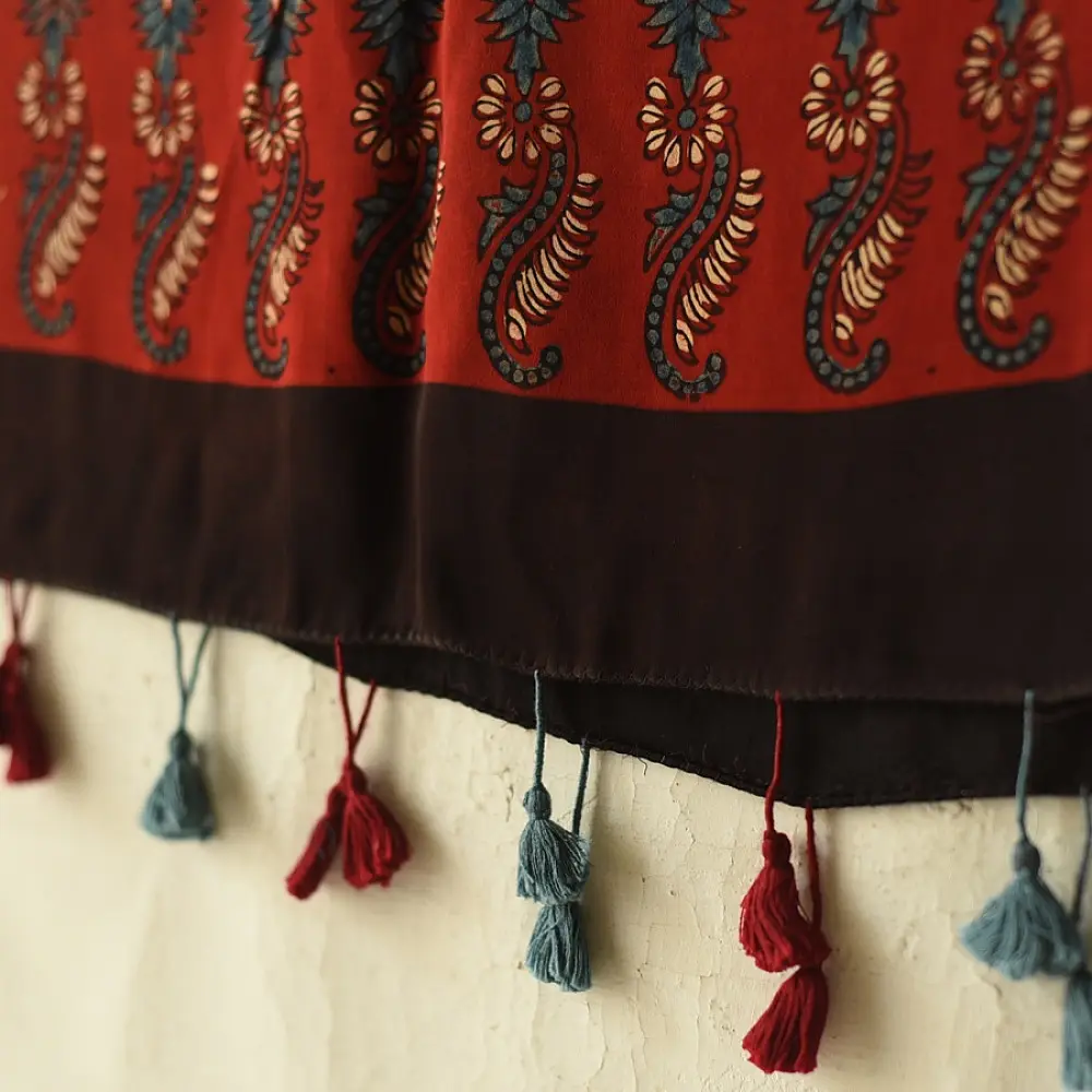 madder red indigo blue ajrakh modal silk dupatta hand block printed paisley kalka jaal body ornate circular bundi medallion pallu traditional mihrab arched detail wedding festive wear sustainable luxury natural dyed with tassels