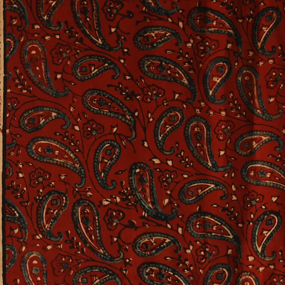 madder red indigo blue ajrakh modal silk dupatta hand block printed paisley kalka jaal body ornate circular bundi medallion pallu traditional mihrab arched detail wedding festive wear sustainable luxury natural dyed with tassels