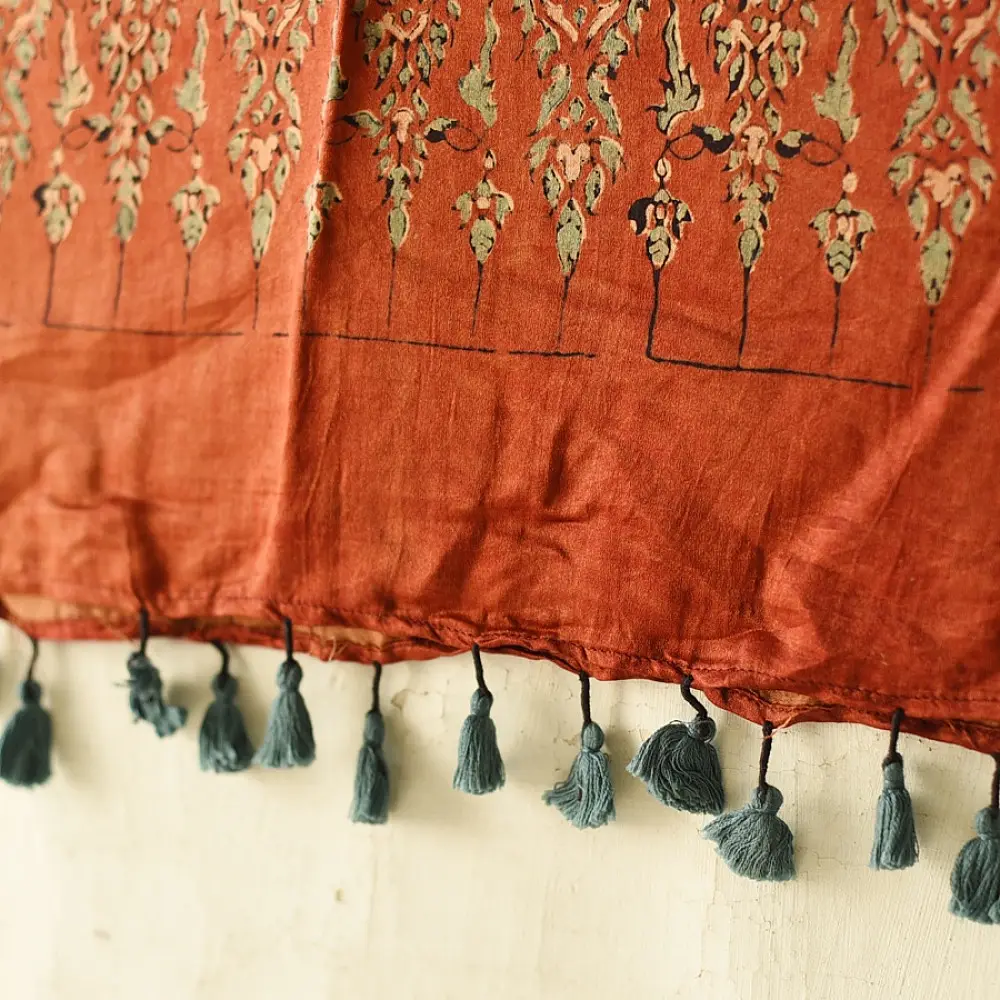 mulberry silk ajrakh dupatta terracotta red indigo geometric floral medallion block print large four-petaled flower band hand block printed natural dyed silk dupatta