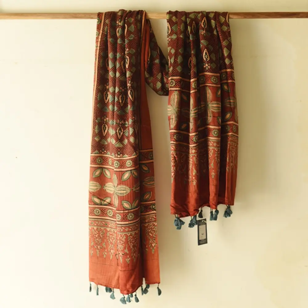 mulberry silk ajrakh dupatta terracotta red indigo geometric floral medallion block print large four-petaled flower band hand block printed natural dyed silk dupatta