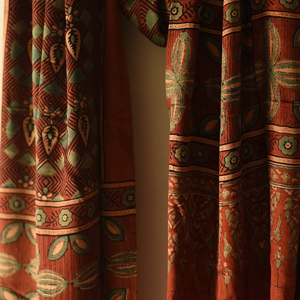 mulberry silk ajrakh dupatta terracotta red indigo geometric floral medallion block print large four-petaled flower band hand block printed natural dyed silk dupatta