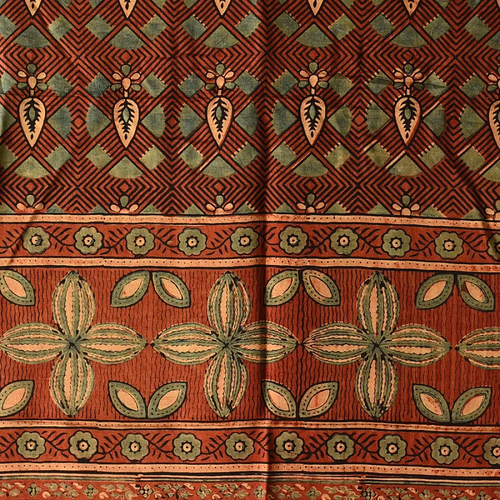 mulberry silk ajrakh dupatta terracotta red indigo geometric floral medallion block print large four-petaled flower band hand block printed natural dyed silk dupatta