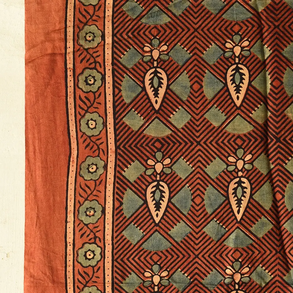 mulberry silk ajrakh dupatta terracotta red indigo geometric floral medallion block print large four-petaled flower band hand block printed natural dyed silk dupatta