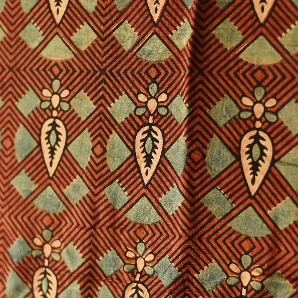 mulberry silk ajrakh dupatta terracotta red indigo geometric floral medallion block print large four-petaled flower band hand block printed natural dyed silk dupatta