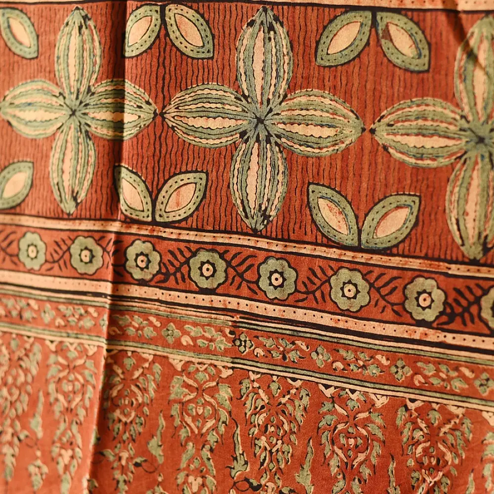 mulberry silk ajrakh dupatta terracotta red indigo geometric floral medallion block print large four-petaled flower band hand block printed natural dyed silk dupatta
