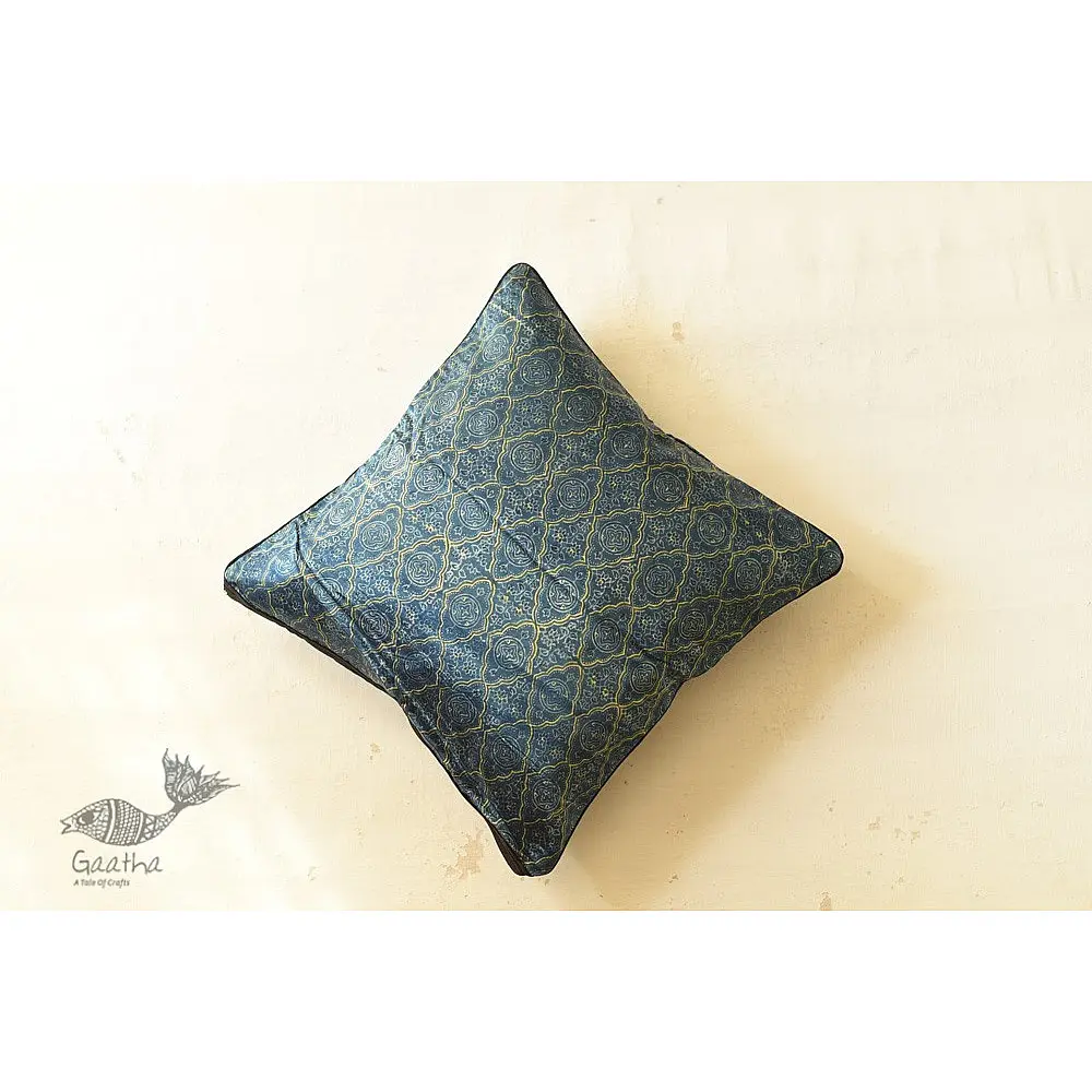 shop Ajrakh Block Printed Indigo Cushion Cover - Mashru