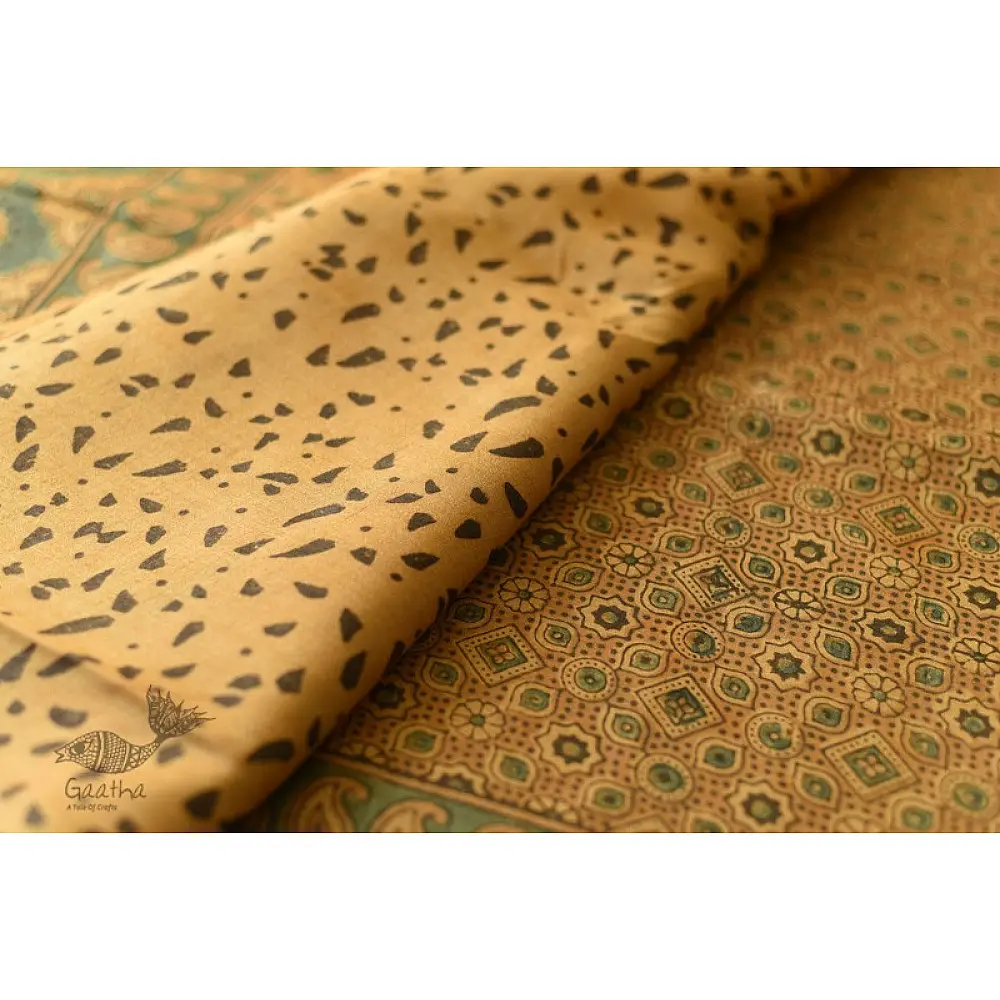 shop handmade ajrakh printed Tussar Silk saree