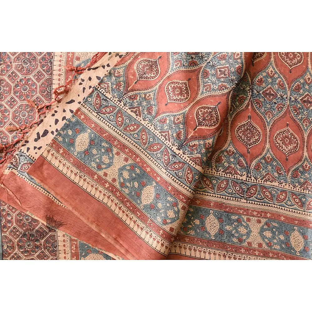 shop handmade ajrakh printed Tussar Silk saree